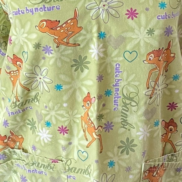 ♦️ Disney Small Bright Green Bambi V Neck Short Sleeve Scrub Top - Picture 3 of 6